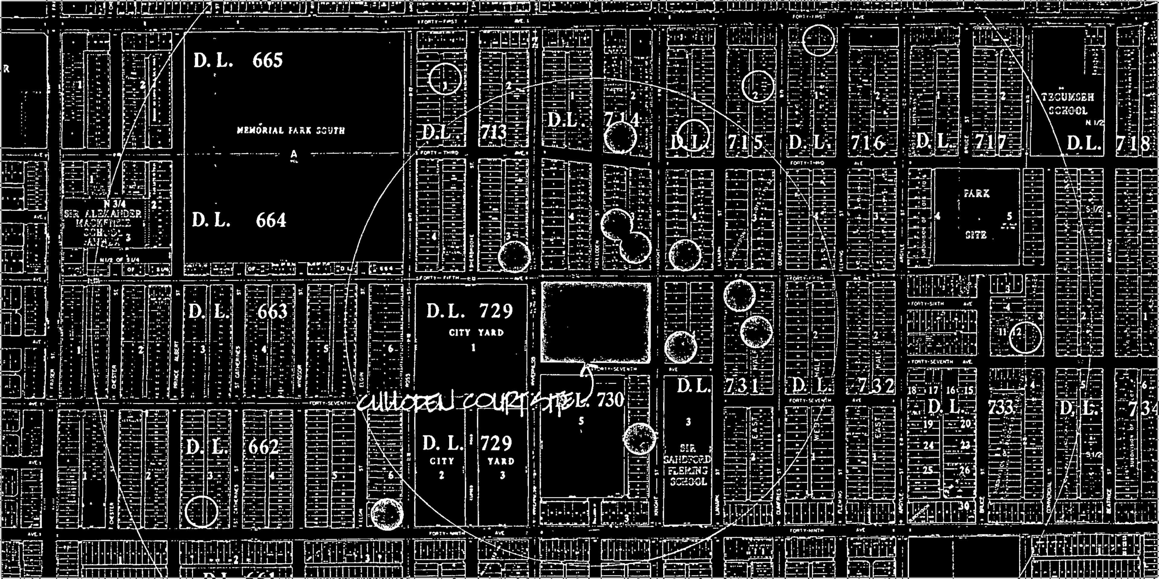 An image, with a black background and white text and lines showing a section of an architectural plan for a neighbourhood. Handwritten text in the centre reads “CULLODEN COURT SHEL.”