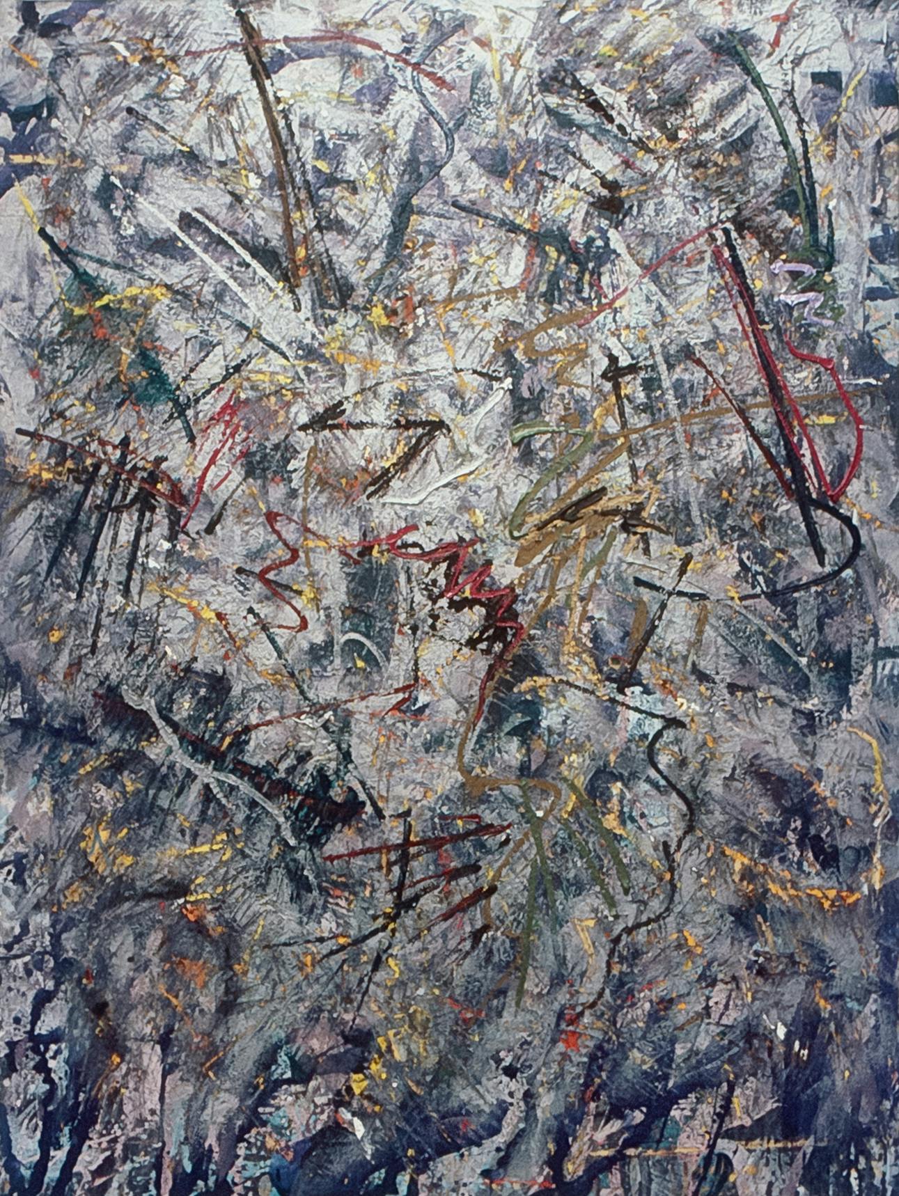 An abstract painting made using dozens of layers of blue, black, white, yellow, and red paint, swirled and splattered around the canvas.