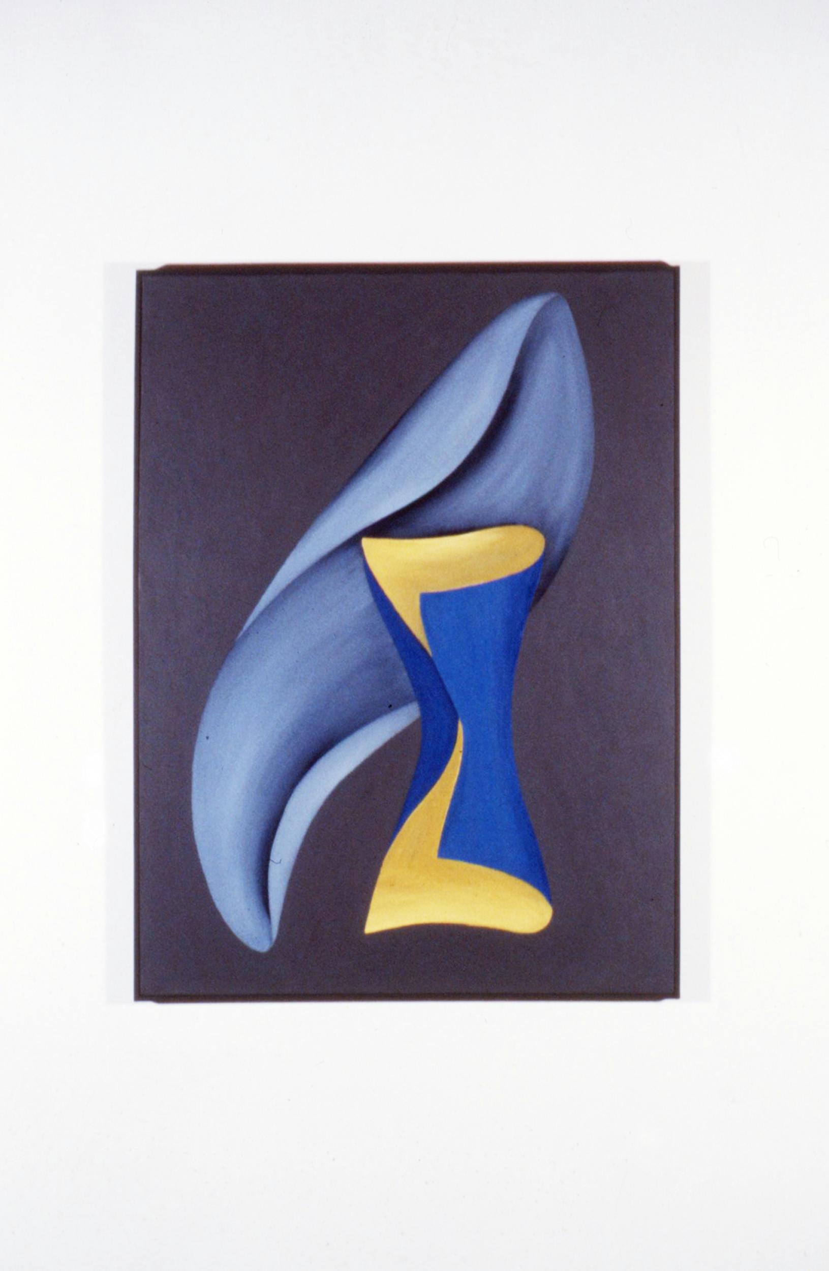 An abstract painting hangs on a gallery wall. The painting has a blue and yellow form at the centre with a solid black background. 