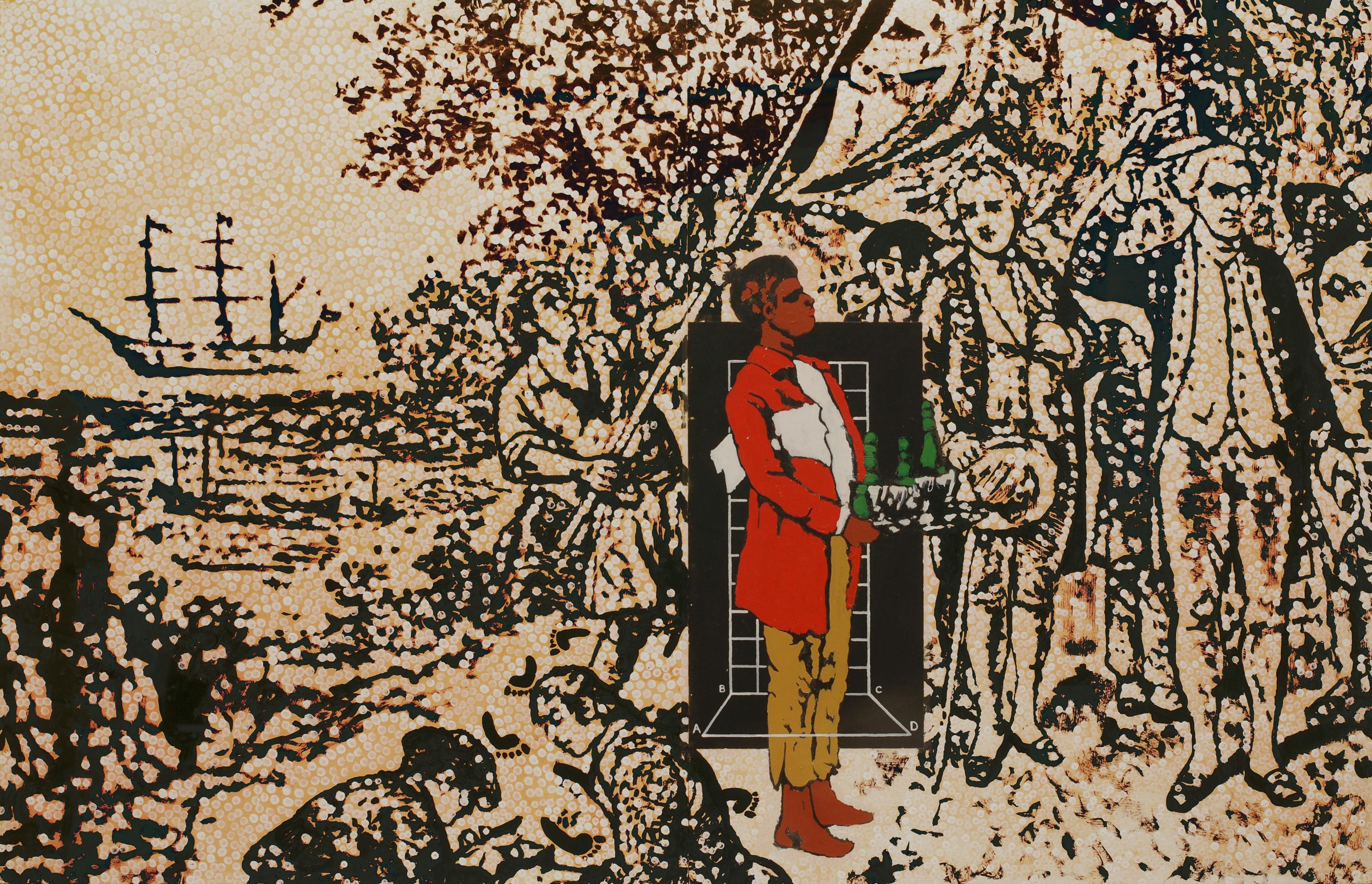 Detail image of Gordon Bennett’s work on paper. A person in a red jacket stands on a seashore, surrounded by other human figures in black and white. A ship is visible in the far left on a body of water.